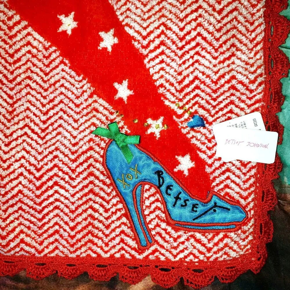 Vintage Betsey Johnson Wash Cloth Blue Dress Shoe Red Star Tights Crochet Towel